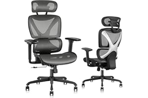 GABRYLLY Ergonomic Office Chair, Mesh Desk Chair with Lumbar Support, Adjustable 3D Arms, Reclining, Headrest & Large Seat - Big and Tall Ergonomic Chair for Home Office Work(Grey)
