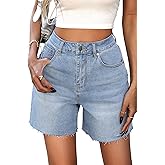 ELLEVEN Women's Raw Hem Jean Shorts, Wide Straight Leg Mom Denim Shorts