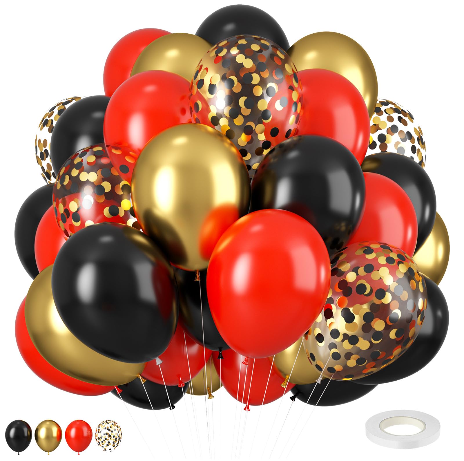 Red Black Gold Balloons, 12 Inch Red Black and Gold Balloons Set with Metallic Confetti Black Gold Balloons, Black and Gold Balloons for Kids Boys Graduation Theme Birthday Party Decorations