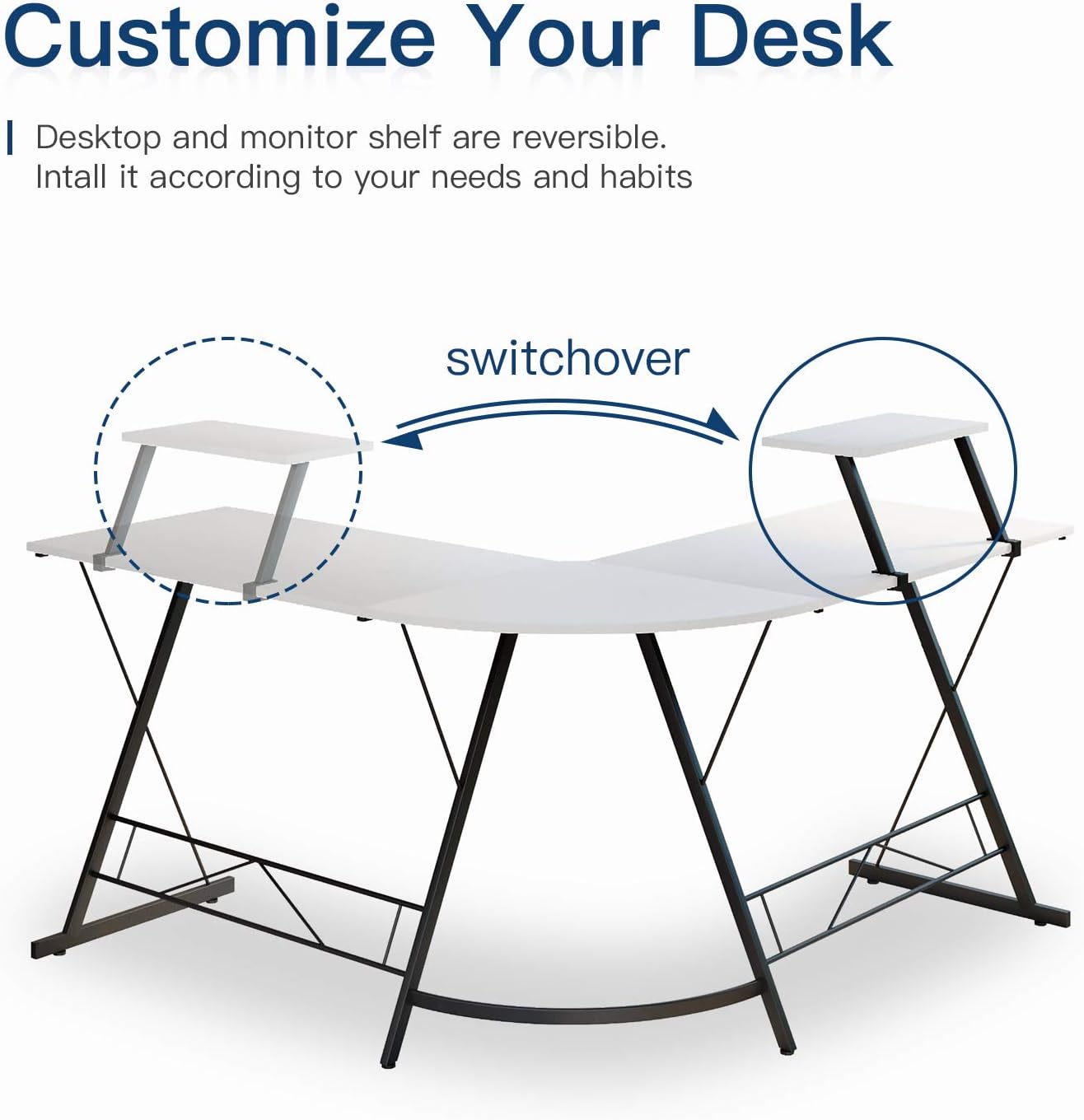 L Shaped Desk Home Office Desk with Round Corner Computer Desk with Large Monitor Stand Desk Workstation,White: Kitchen & Dining
