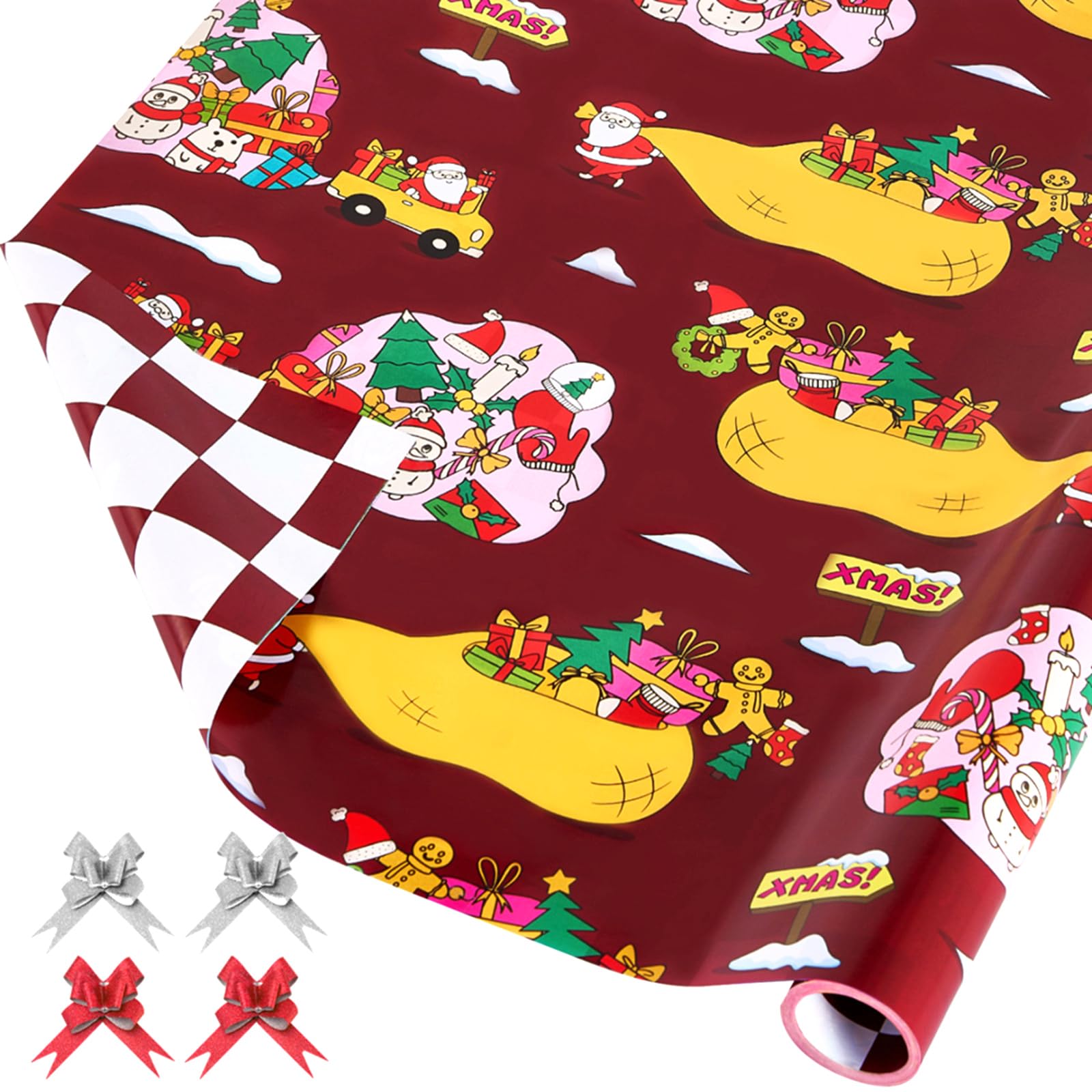 Photo 1 of **pack of 2**EWES Santa Christmas Wrapping Paper Rolls Set,Red Funny Kids Heavy Duty Premium Gift Wrap, Cute Cartoon with Truck,Santa Claus, Present from North Pole,Burgundy Plaid Reversible,Total 28.5sq.ft