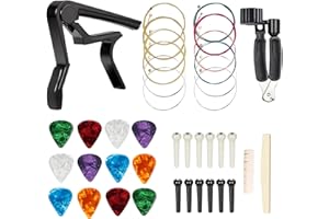 Acoustic Guitar Accessories Kit 40-Piece All in One with Strings,Capo,Picks,3-In-1 Restring Tool,Bridge Pins and Nuts & Saddi