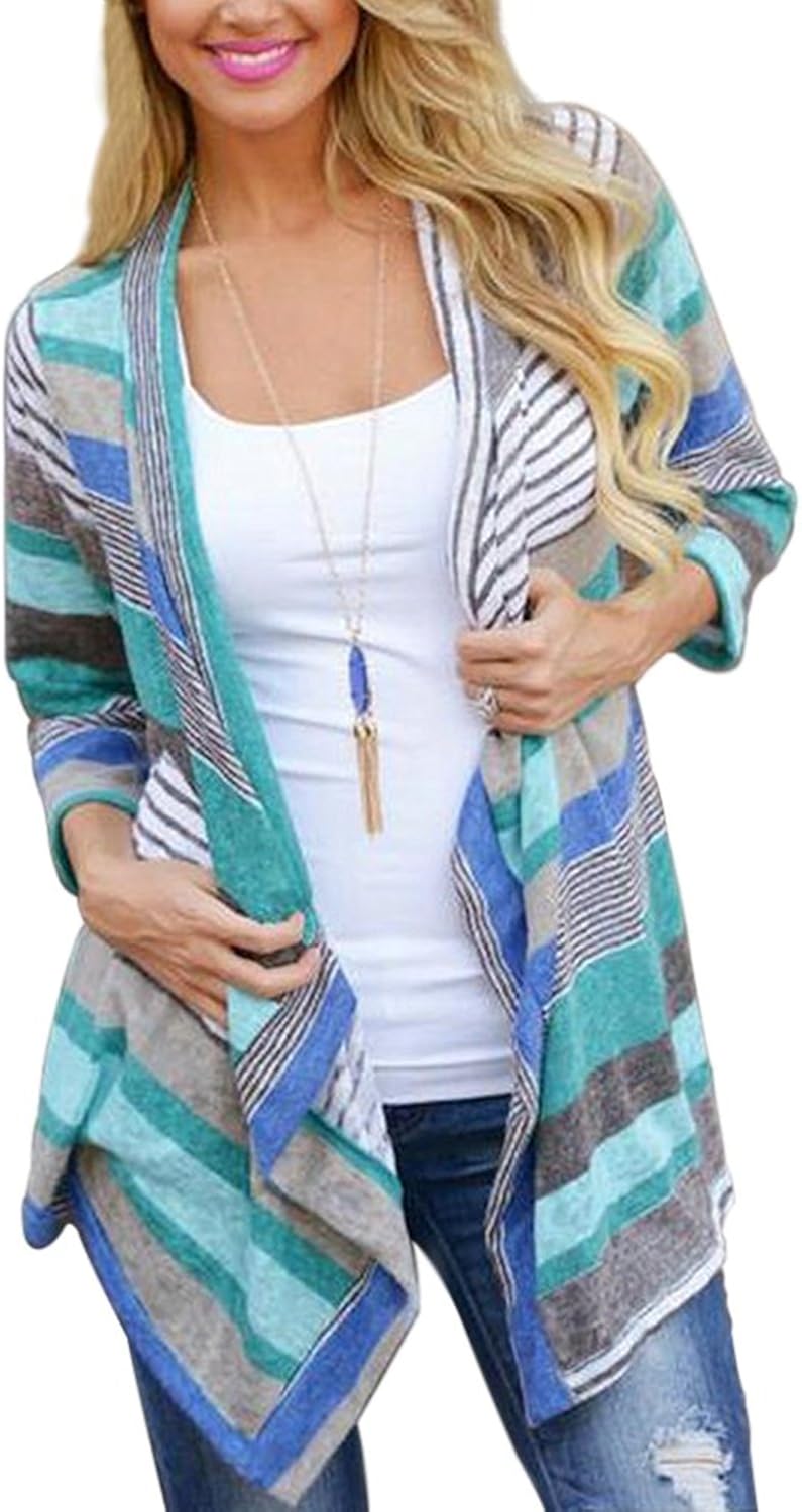 DEARCASE Women's 3/4 Sleeve Cardigans Striped Printed Open Front Draped Kimono Loose Cardigan at  Women’s Clothing store