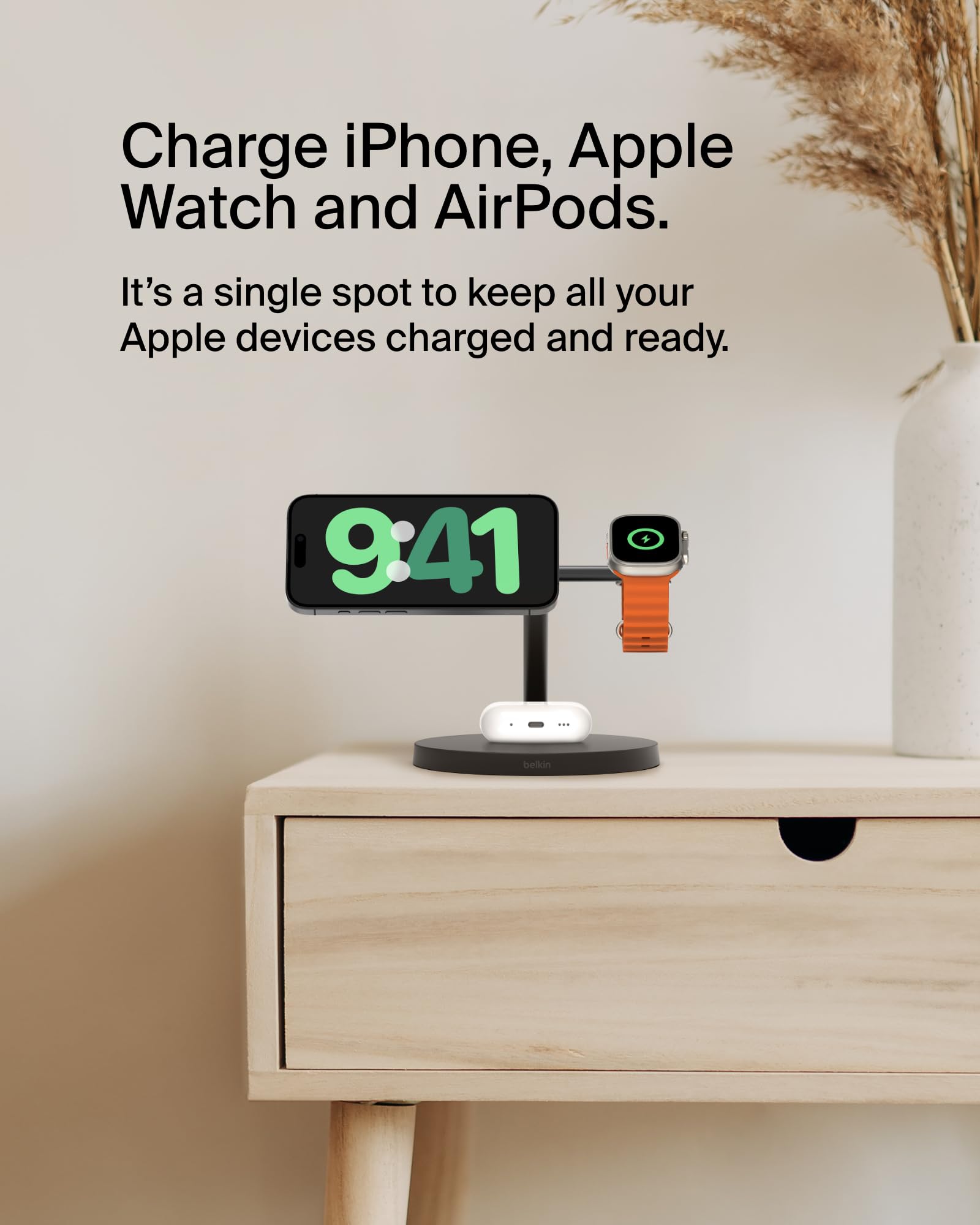 Belkin MagSafe-Compatible Charger, 3-in-1 Wireless Charging Station, Qi2-Certified 15W Wireless Charge for Apple iPhone 16 Series, Apple Watch, AirPods w/Non-Slip Base, 40W Included - Black