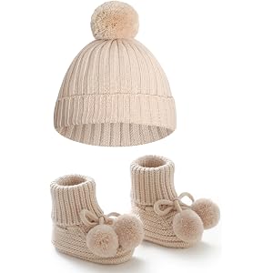 Baby Hats and Booties Set Newborn Knit Pompom Beanie Caps Shoes Winter | Infant Boys Girls Beanie and Booties Set,Cute Baby B
