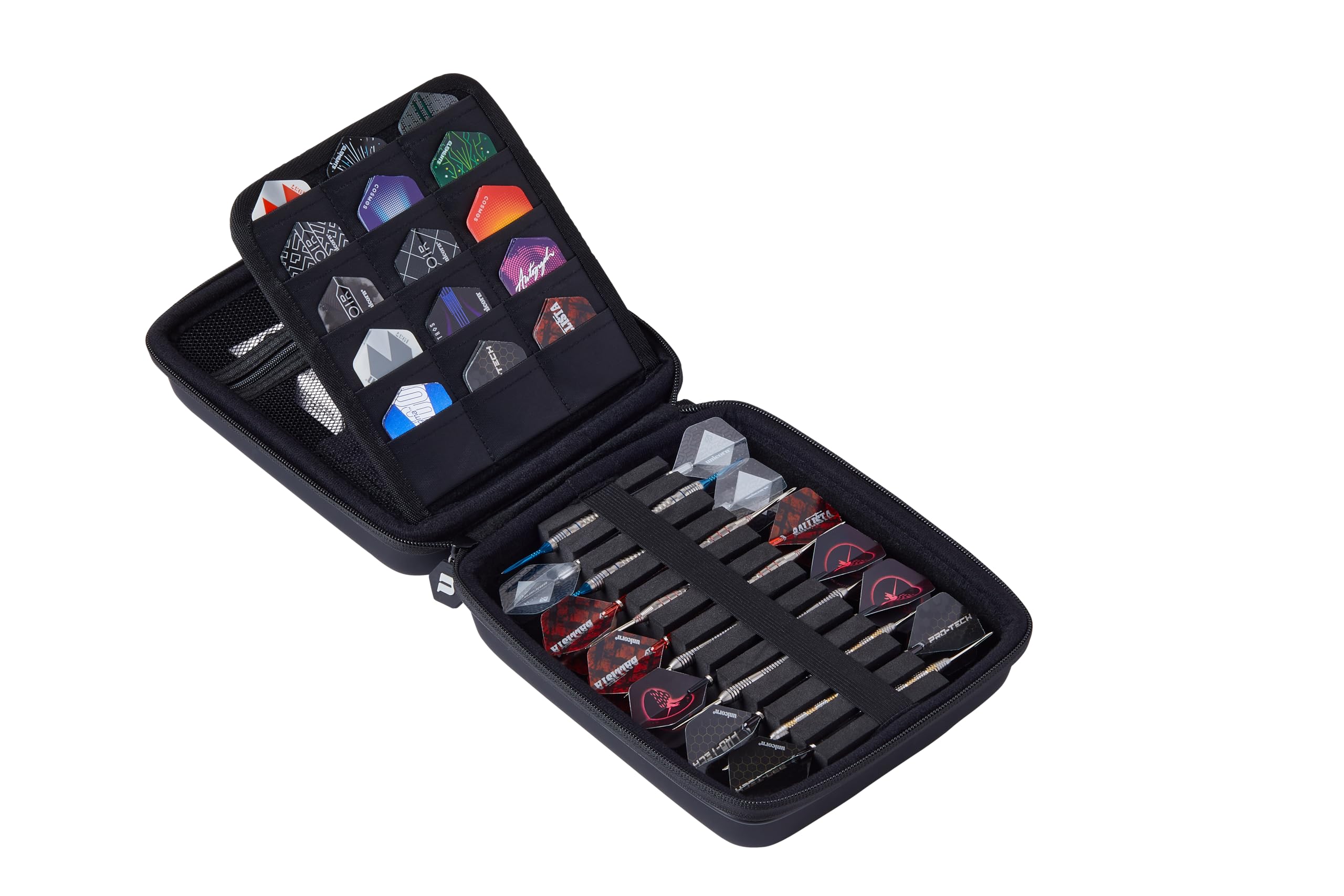 Unicorn Ultra Darts Case | Sleek Black Design with Embossed U Logo | Extra Storage for Spares & Accessories | Large | Foam Inner Holds and Protects 4 Sets of Fully Loaded Darts