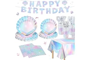 REJOICE BUNNY Summer Mermaid Party Supplies for Girls Baby Shower Birthday Party Under the Sea Themed Decor Iridescent Shell Plates Napkins Cups Knives Forks Tablecloths Banners Serves 20 Guests 122PCS