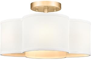 Audickic Gold Semi Flush Mount Ceiling Lights, 14" 4-Light Ceiling Light Fixtures with Fabric Shade in Quatrefoil Shape, Farmhouse Brass Drum Lighting for Kitchen Hallway Bedroom, AD-22007-4SF-GD