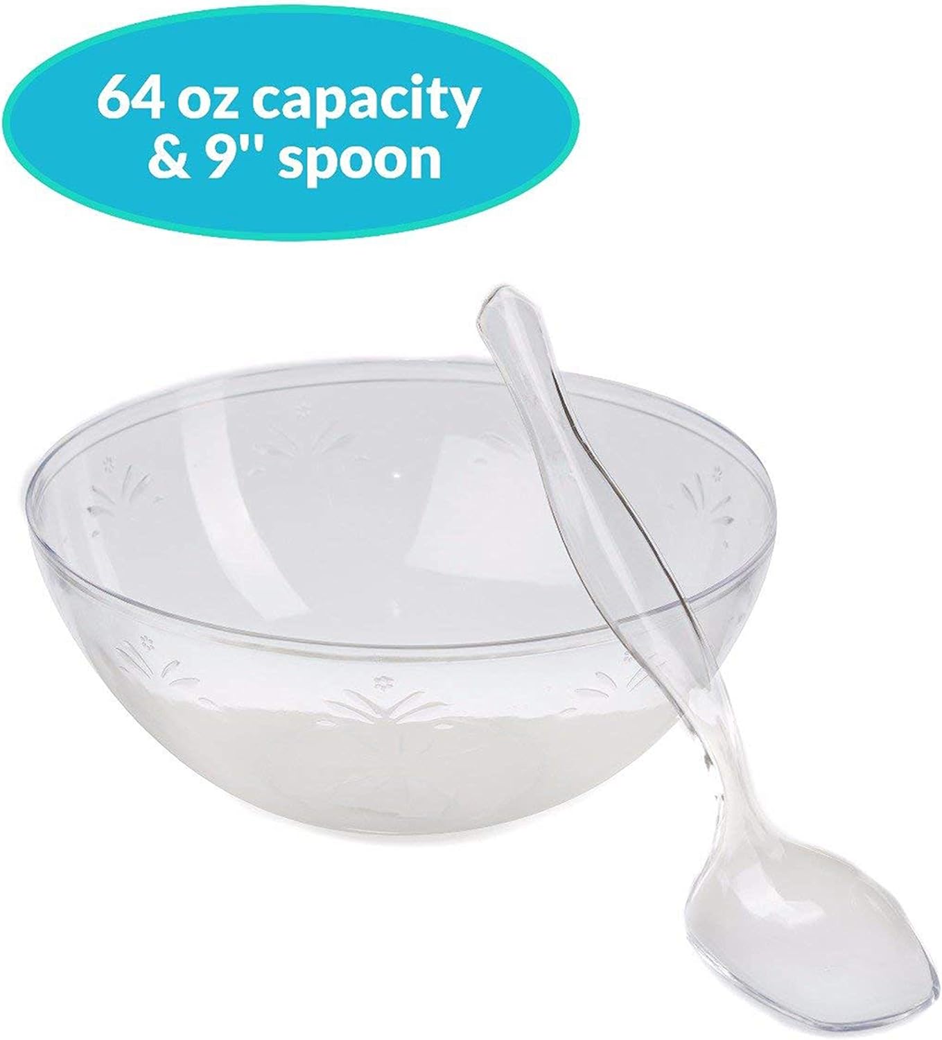 64 OZ Disposable Serving Bowls With 6 Hard Plastic Serving Spoons Clear