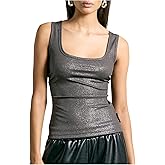 MakeMeChic Women's Metallic Square Neck Tank Tops Sleeveless Fitted Party Top