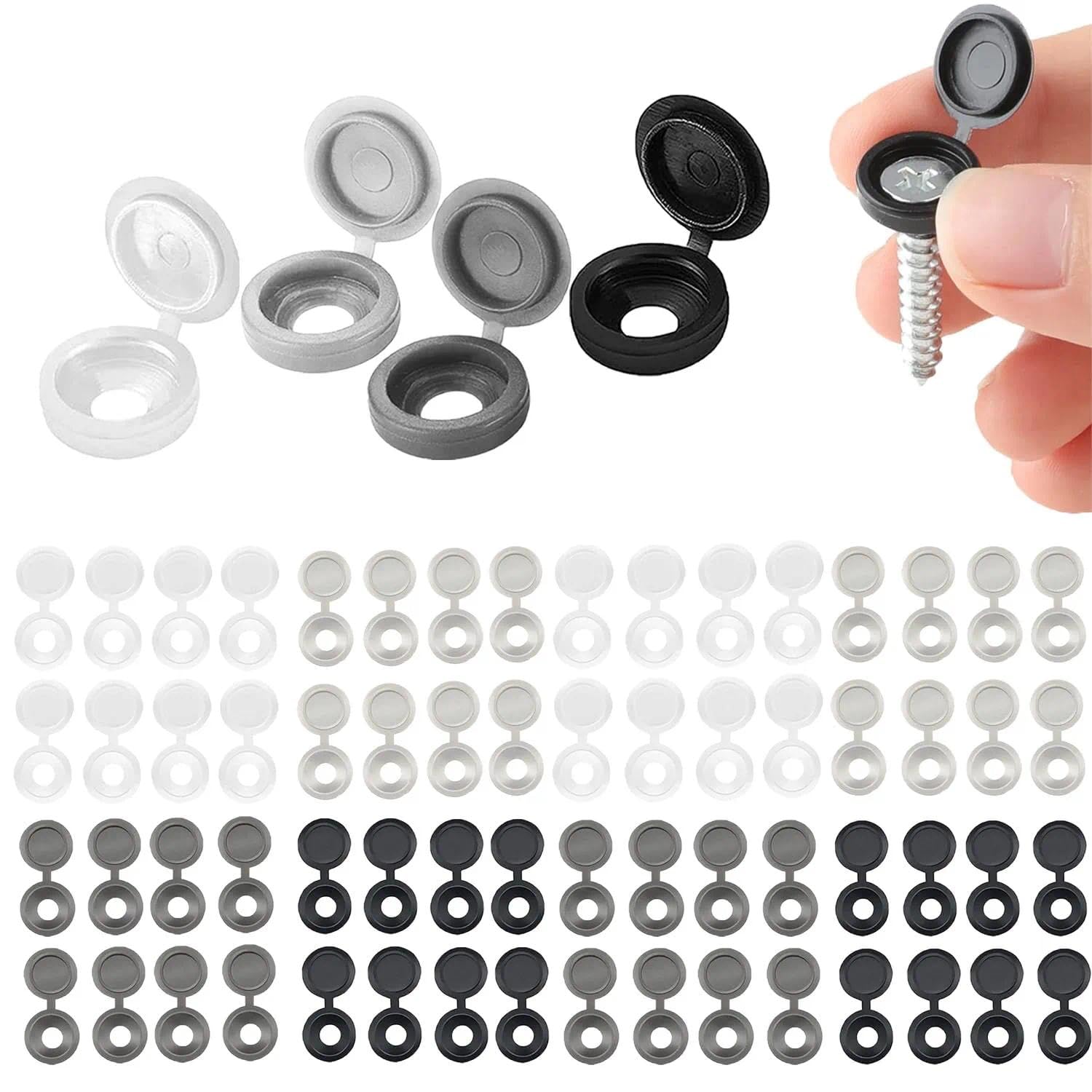 AOOTUERL 200Pcs Premium Quality Plastic Hinged Screw Cover Caps, Fold Screw Snap Covers Screw Head Decorative Caps for M4 -M6 Screws (Black White, Light grey, Dark grey)