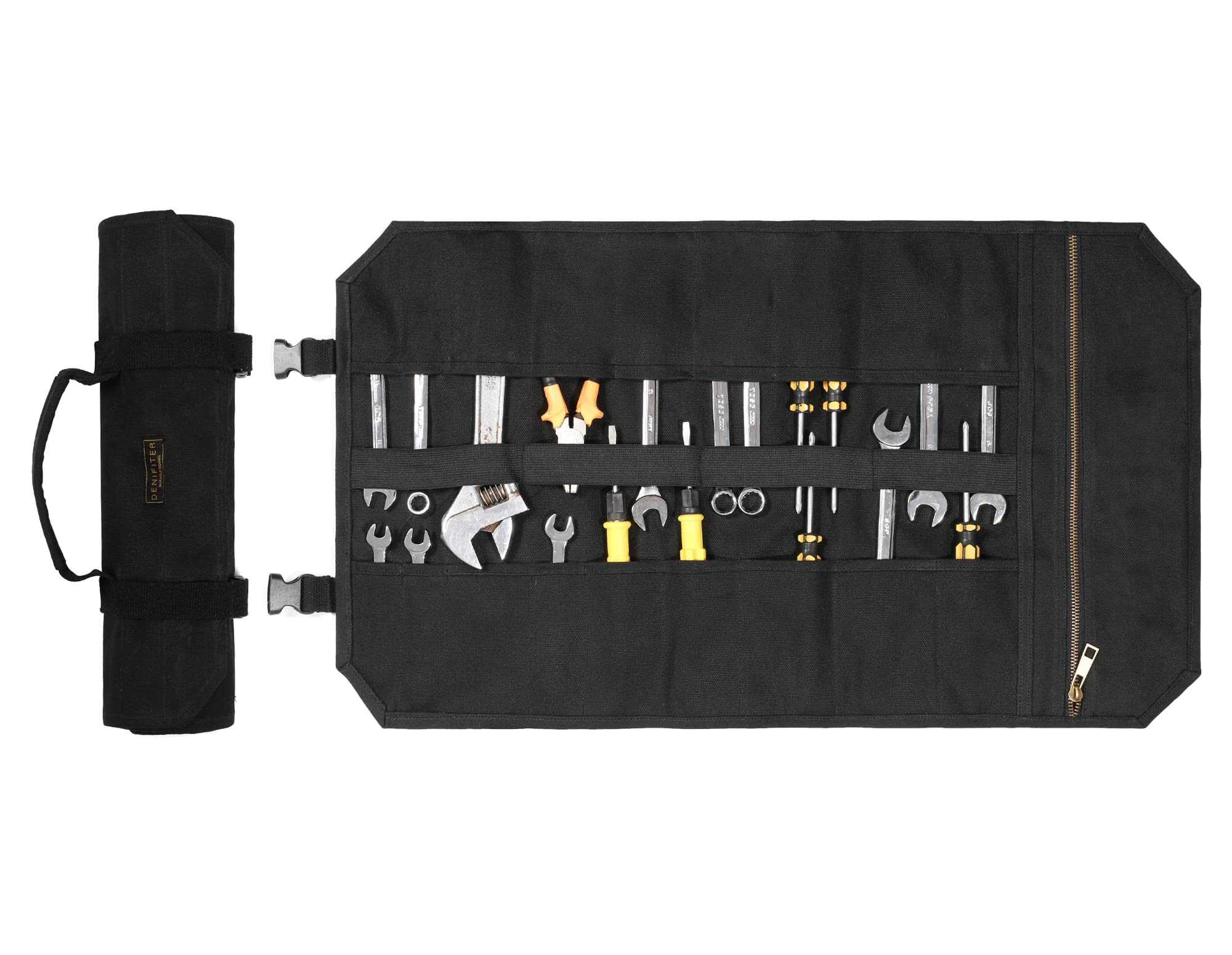 Tool Roll Up Bag, Heavy Duty 16oz Waxed Canvas Wrench Roll Up Pouch Tool Organizer, (L) 25" X (H) 14.5" Black