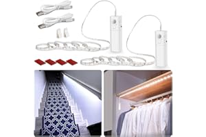 WOBANE Motion Sensor Stair Strip Lights,Rechargeable Motion Activated Closet Light,Battery Powered LED Strip,60 LEDs Homelife Bar for Bed,Pantry,Counter,Night Light,Cabinet,6000K White,6.56ft,2PCS