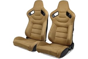 IKON MOTORSPORTS, Universal Racing Seats with 14" Dual Sliders, Brown Suede W/Brown Stitching & Carbon Leather Back Reclinable Sport Bucket Seats for Cars, 1 Pair Driver Passenger Side 2PC
