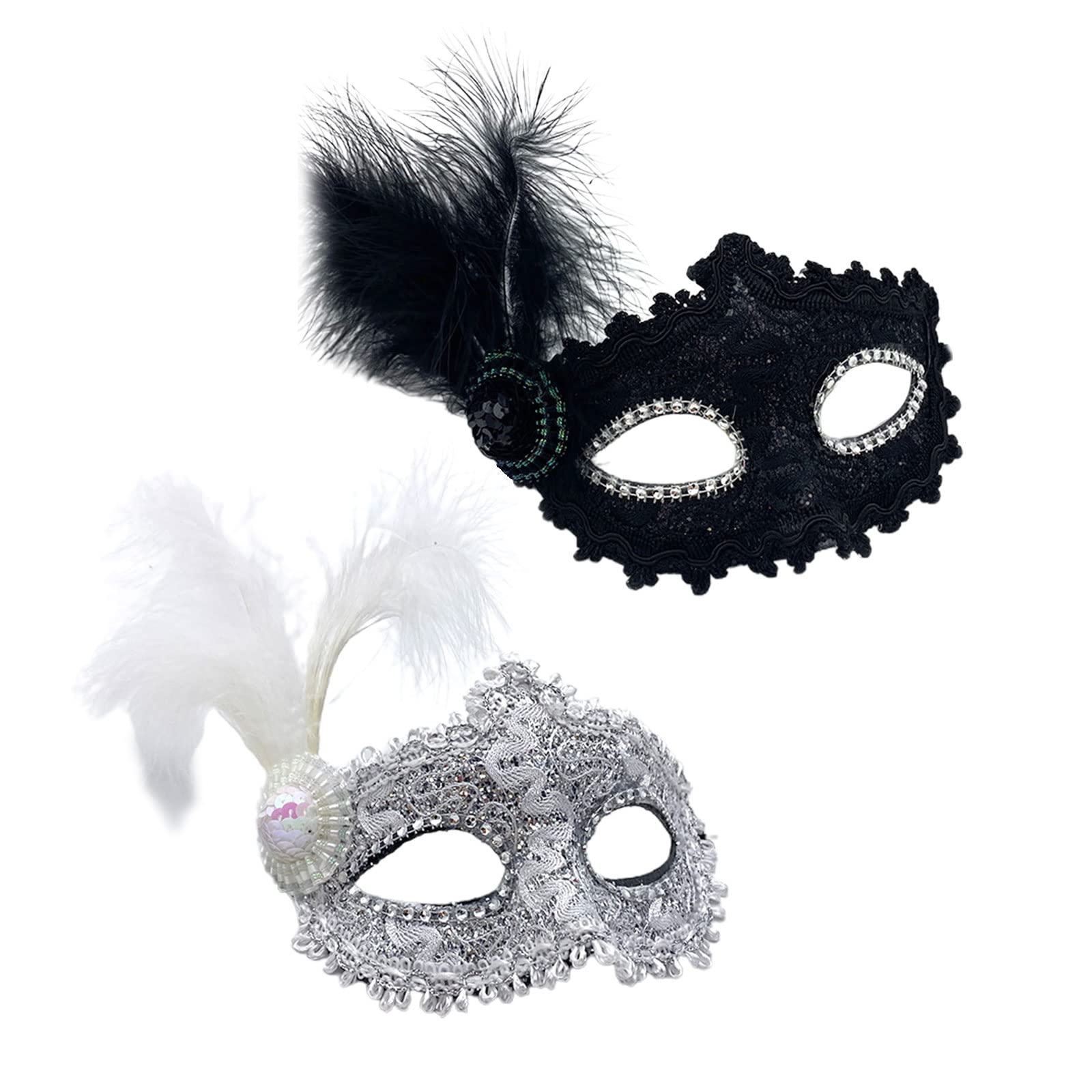 TSHAOUN 2-Piece Venetian Mask with Feather - Women's Masquerade Mask for Halloween, Carnival, Mardi Gras & Fancy Dress (Black and White)