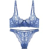 Guoeappa Women's Sexy Lace Bra and Panty Set (Cup Sized 32B-42D) 2 Piece Lingerie Floral Lace Underwire Bra Panty