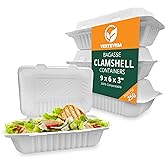 VerteVida (9" x 6" x 3" (250 Count) Single Compartment Bagasse Clamshell Take Out Food Containers, Biodegradable & Compostabl