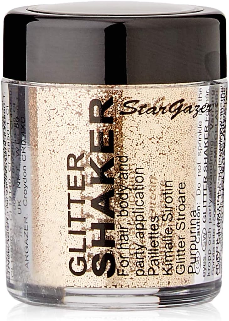 Stargazer Glitter Shaker, Gold. Cosmetic glitter powder for use on the eyes lips, face, body, hair and nails