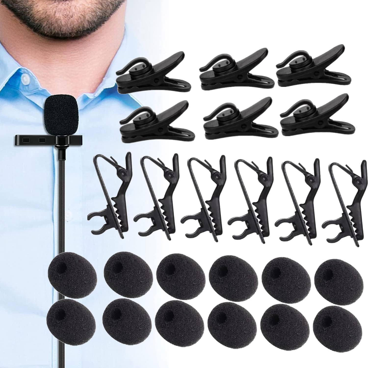 Norhogo 24pcs Microphone Windscreen Set for Lapel Microphones, 6pcs lapel microphone clip 6pcs Plastic Microphone Cord Clips 12pcs Mic Sponge Covers, Windscreen Shield Replacement Kit