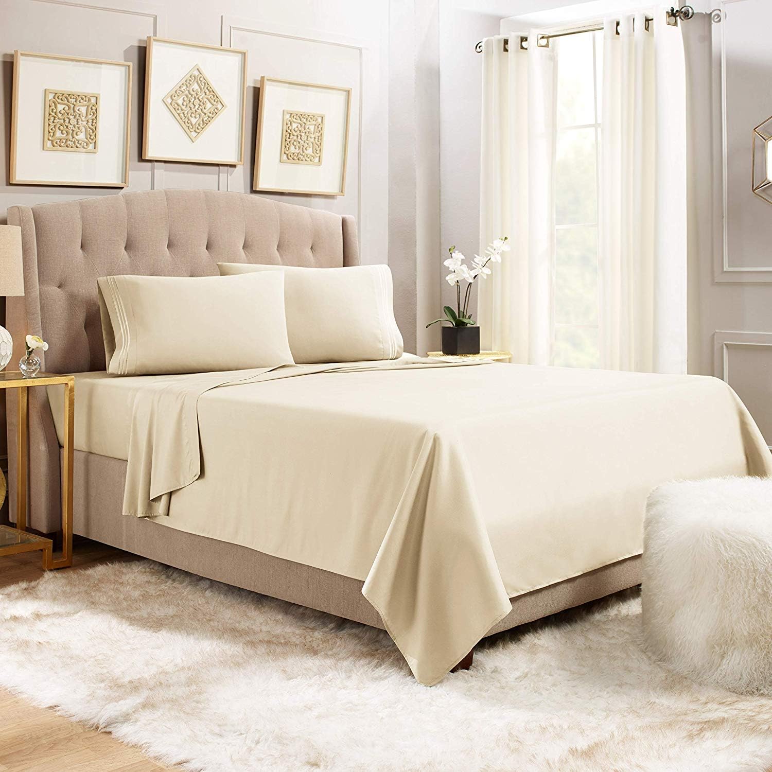 Anili Mili's Triple Stitch Embroidery Affordable 4 PC Bed Sheet Set - King Size, Tan Cream