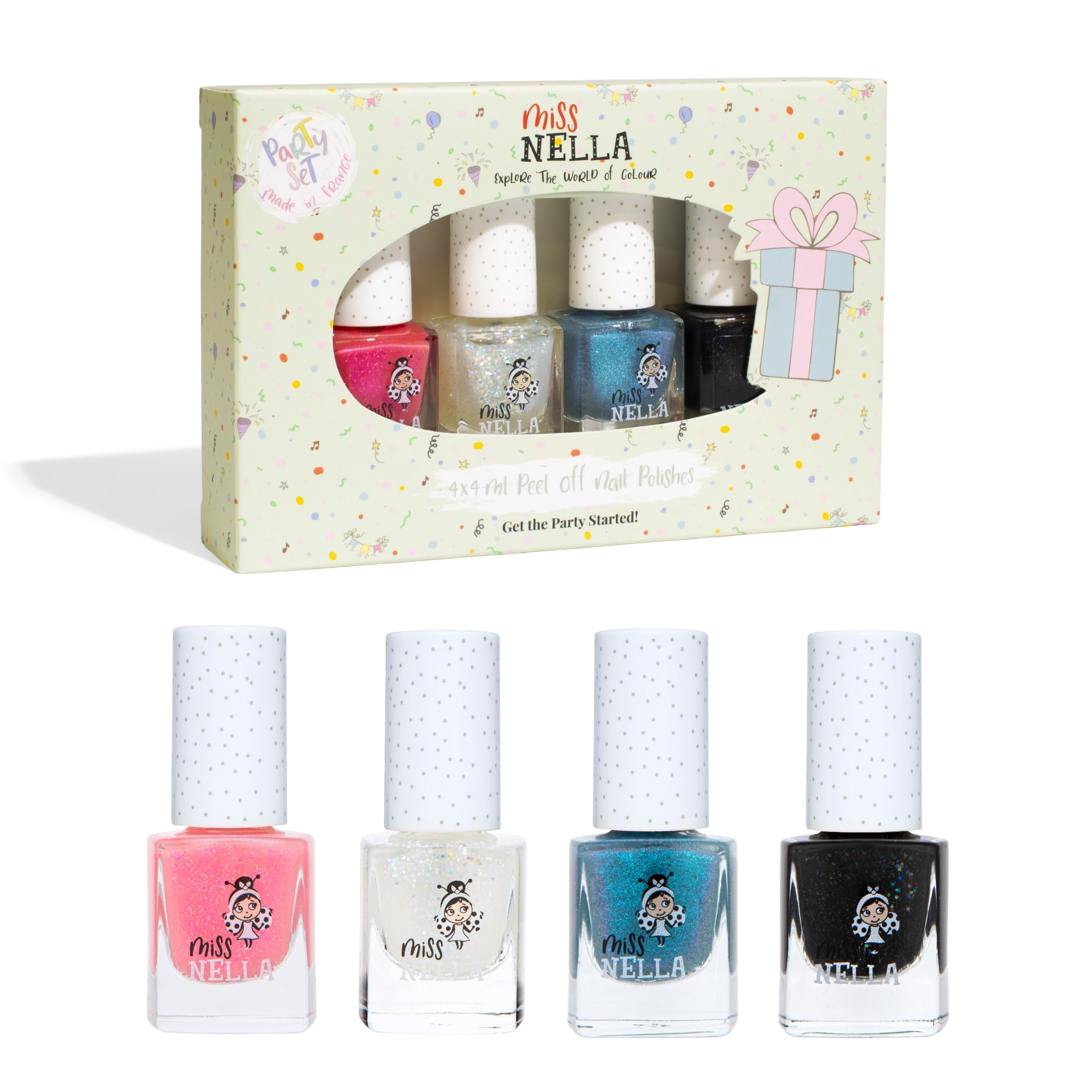 Miss Nella PARTY COLLECTION Glitter Nail Polish for kids, set of 4: black, clear, blue & pink Peel-off varnish for toddlers