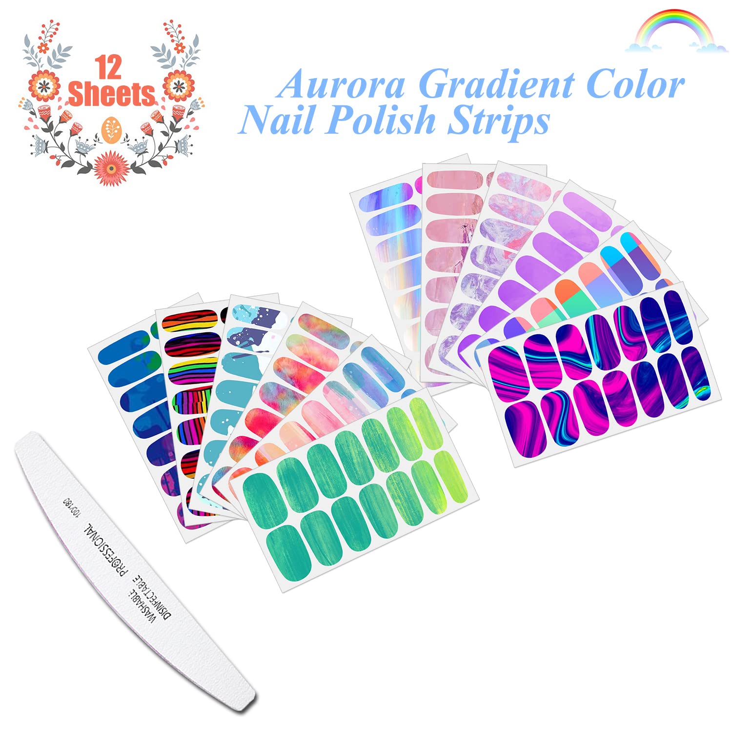 JERCLITY 12 Sheets Aurora Gradient Color Nail Polish Strips with Nail File Self-Adhesive Graffiti Cloud Rainbow Nail Stickers Full Nail Wraps for Women Kids Nail Strips Manicure Kit for Nail Art - Image 2