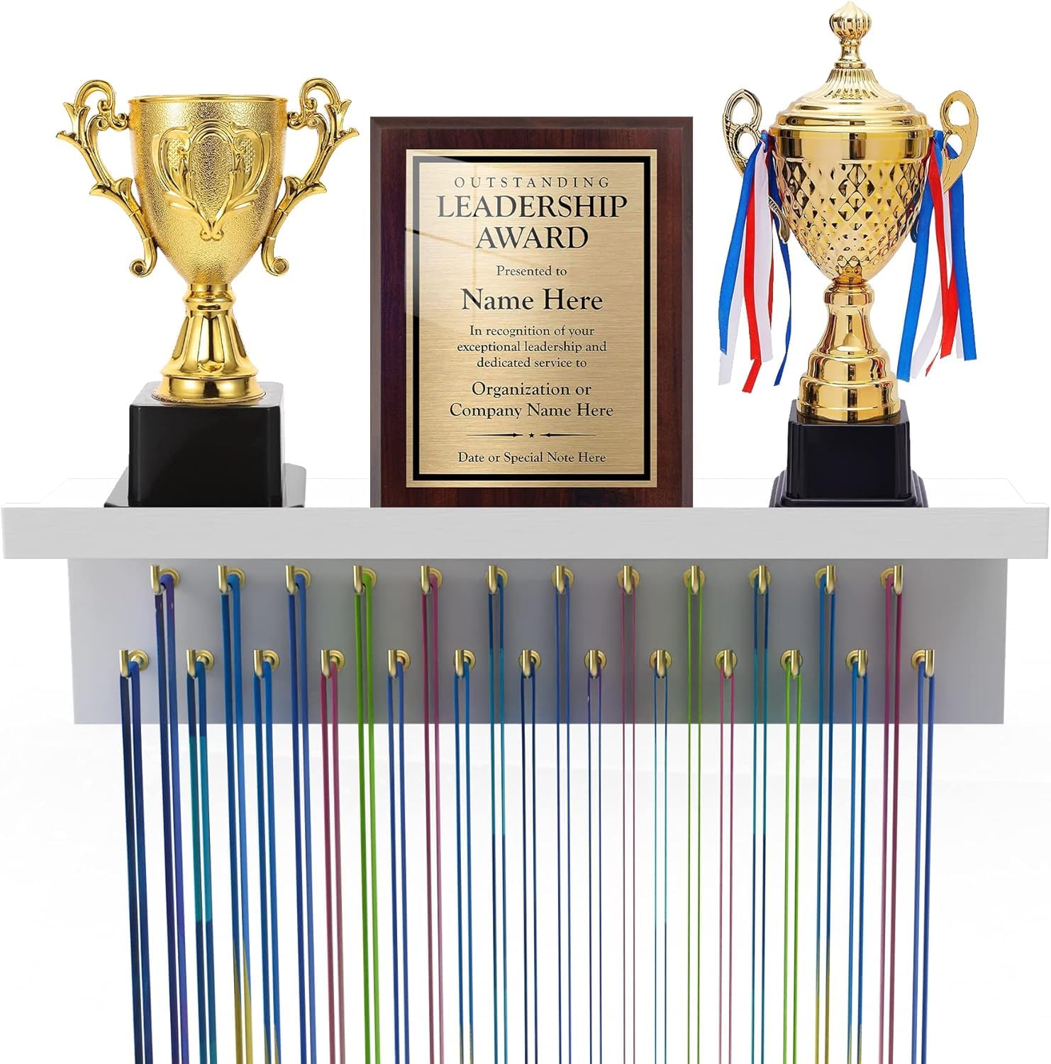 Photo 1 of WRONWA Medal Hanger Display, Trophy Shelf with 25 Hooks, Wooden Medal Holder for Wall Mount Ribbon Display, Awards Race Storage Stand for Sports Fans, Cheer Success, Easy to Install