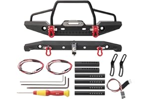 Rchobbytop 1/10 RC Metal Front and Rear Bumper Combo W/LED Lights Tow Shackles Winch Mount Seat Trailer Hitch for TRX4 SCX10 II 90046 Rock Crawler Truck
