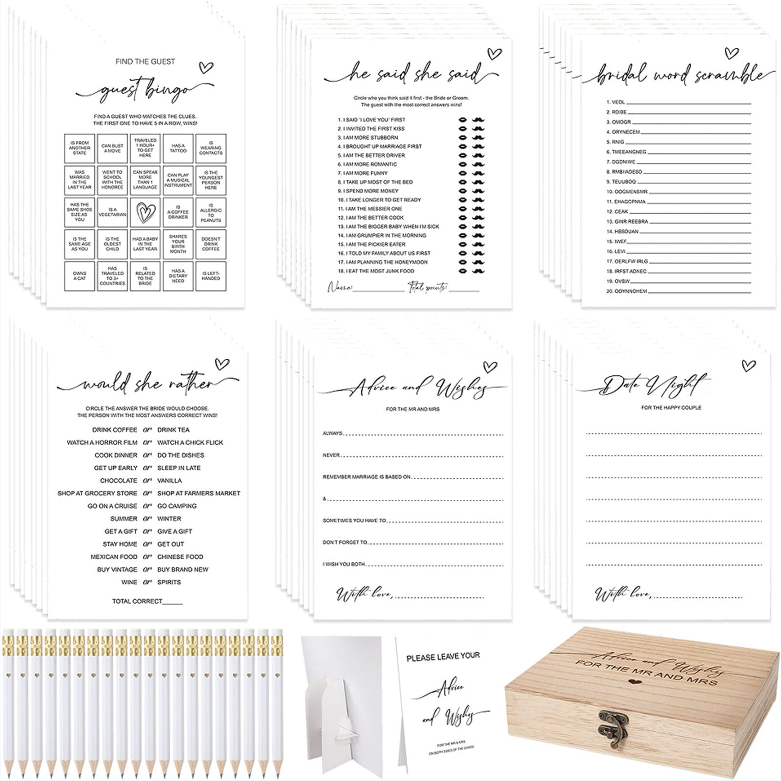 Photo 1 of Silipull Bridal Shower Games Set for 50 Guests Includes Bingo, He Said She Said, Scramble, Would She Rather, Advice and Wishes Wedding Games Double Sided with Wooden Box, 20 Pencils(Minimalist)