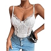SHENHE Women's Floral Lace Spaghetti Strap Sheer Mesh Sleeveless Cami Bodysuit Tops