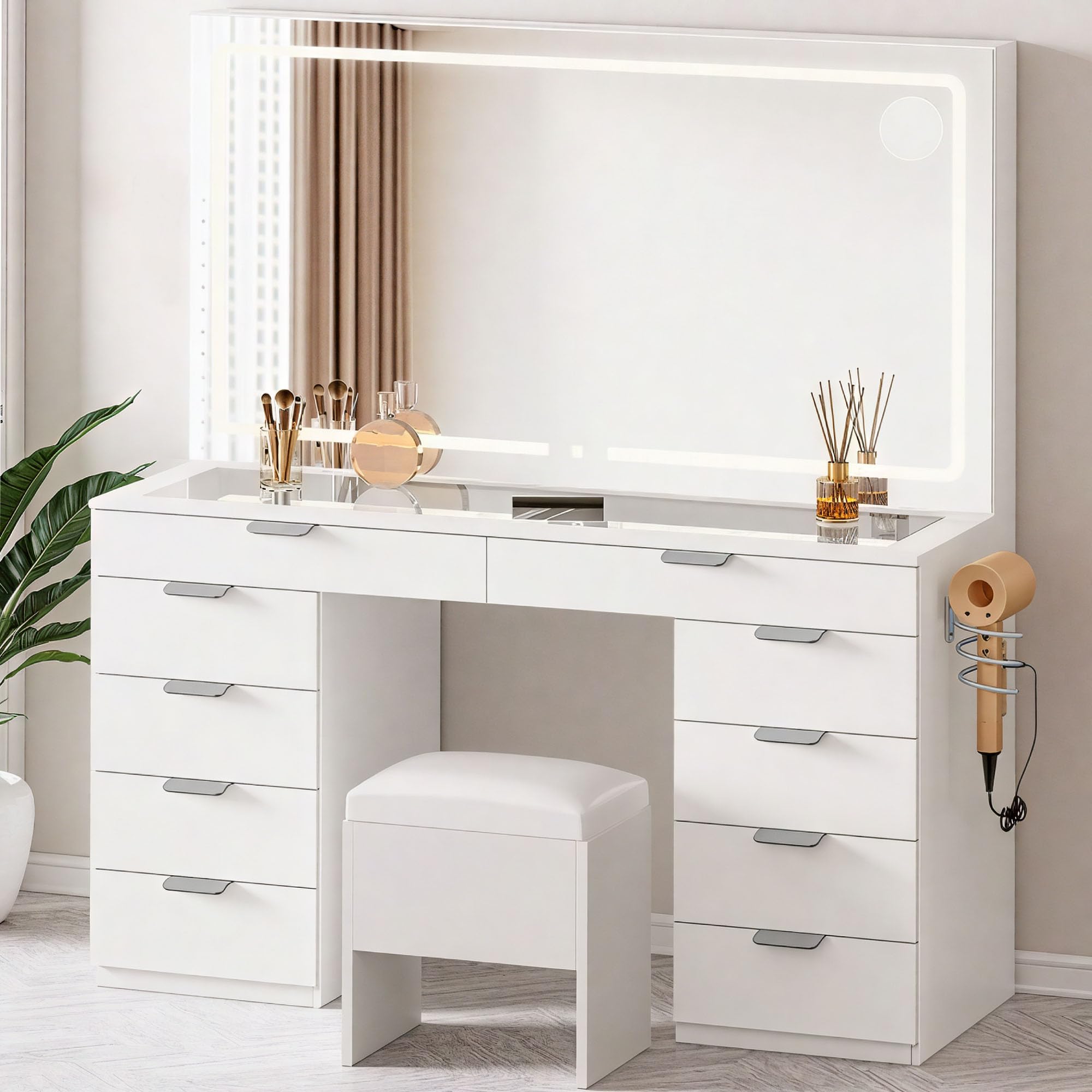 Photo 1 of **FOR PARTS ONLY**
DWVO Vanity Desk, Glass Top Vanity with Charging Station, 46" Makeup Table with 10 Drawers & Storage Stool