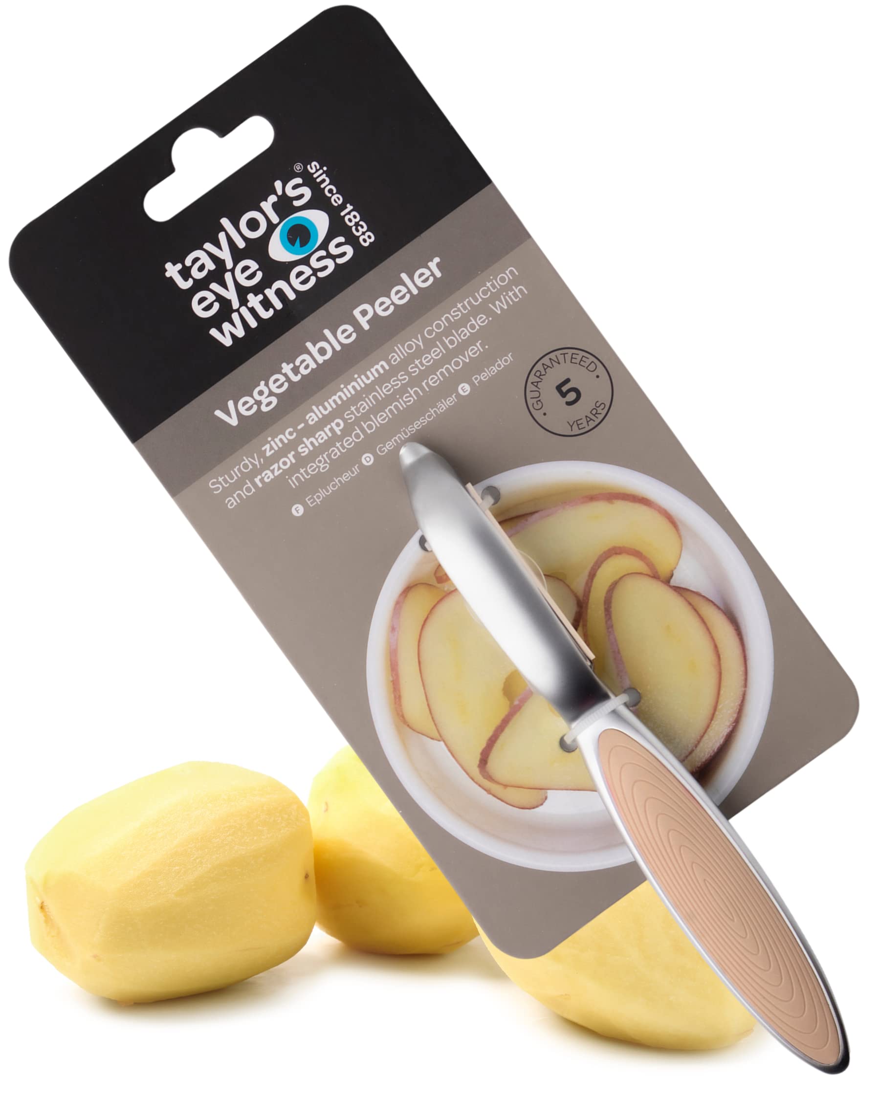 Premium Silver Straight Vegetable Peeler - Taylors Eye Witness, Great Kitchen Gadget, with Sturdy Zinc Aluminum Construction with Silver & Peach Colour, Glides Easily Over Apple, Carrot Or Potato