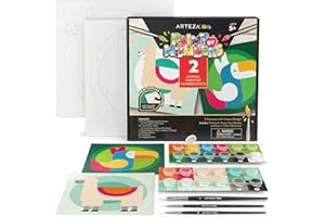Arteza Kids Paint by Numbers Kit, 10 x 10 Inches, Pre-Printed Animal Canvas Painting Kit with 2 Canvases, 24 Acrylic Paint Pots, 3 Paintbrushes, Art Supplies for Developing Hand-Eye Coordination