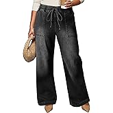 Eytino Womens Plus Size Jeans High Waisted Straight Leg Wide Leg Jean Trendy Stretchy Drawstring Denim Pants(1X-5X)