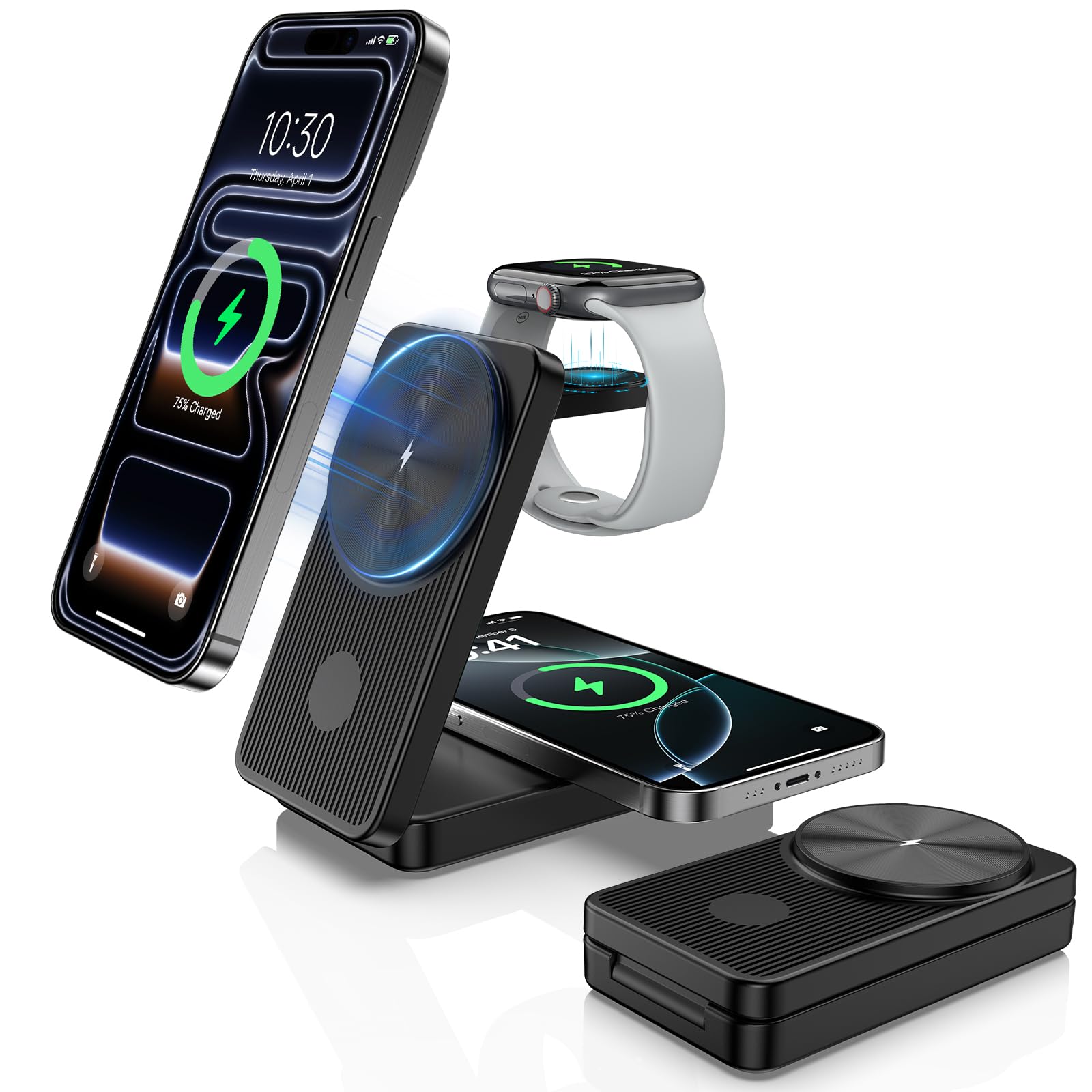 Dual Mag Safe Charger Stand for iPhone 17 Pro Max, Travel Magnetic Charger for iPhone 17e/16/15/AirPods 4/3 Pro, 3 in 1 Foldable Wireless Charging Station, Apple Watch Stand for Apple Watch 10/Ultra/9