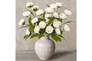 ASTNIC 27inch Peony Artificial Flowers for Vase, 6Pcs White Faux Peonies Branch with Long Stem Silk Flower for Floral Arrange