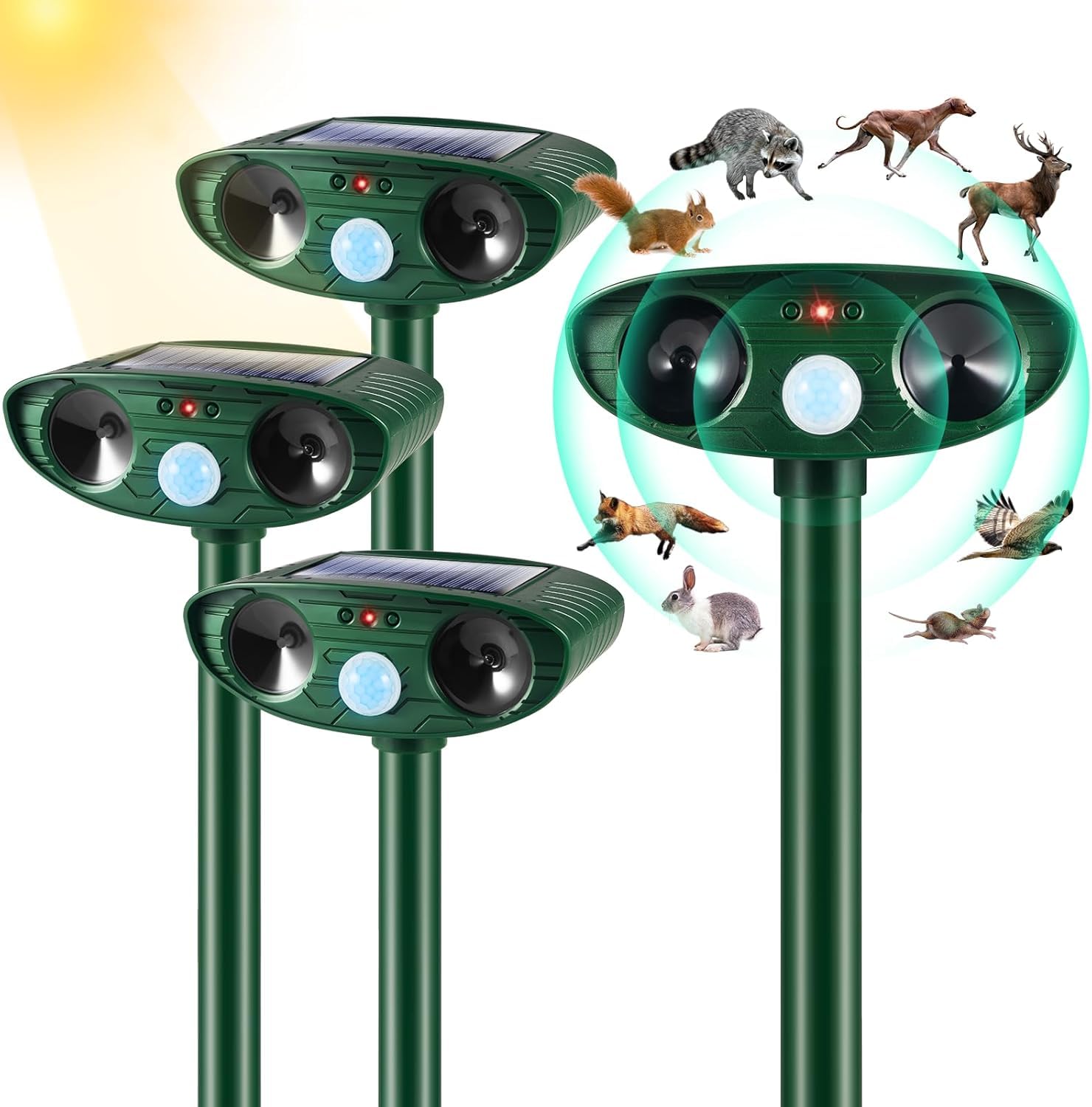 Photo 1 of 4 Pack Deer Repellent Devices,Ultrasonic Animal Repeller Outdoor Waterproof with Motion Sensor,Effective Solar Animal Deterrent to Scare Cat Dog Squirrel Rabbit Raccoon Skunk Repellent for Yard Garden
