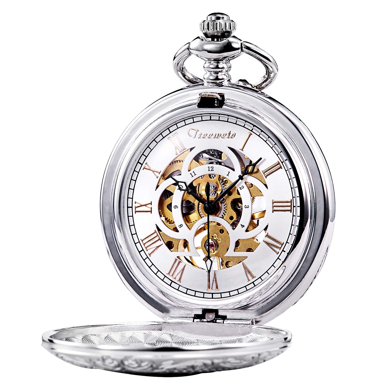 TREEWETO Pocket Watch - Full Hunter Skeleton Dial Mechanical Pocket Watches for Men Women