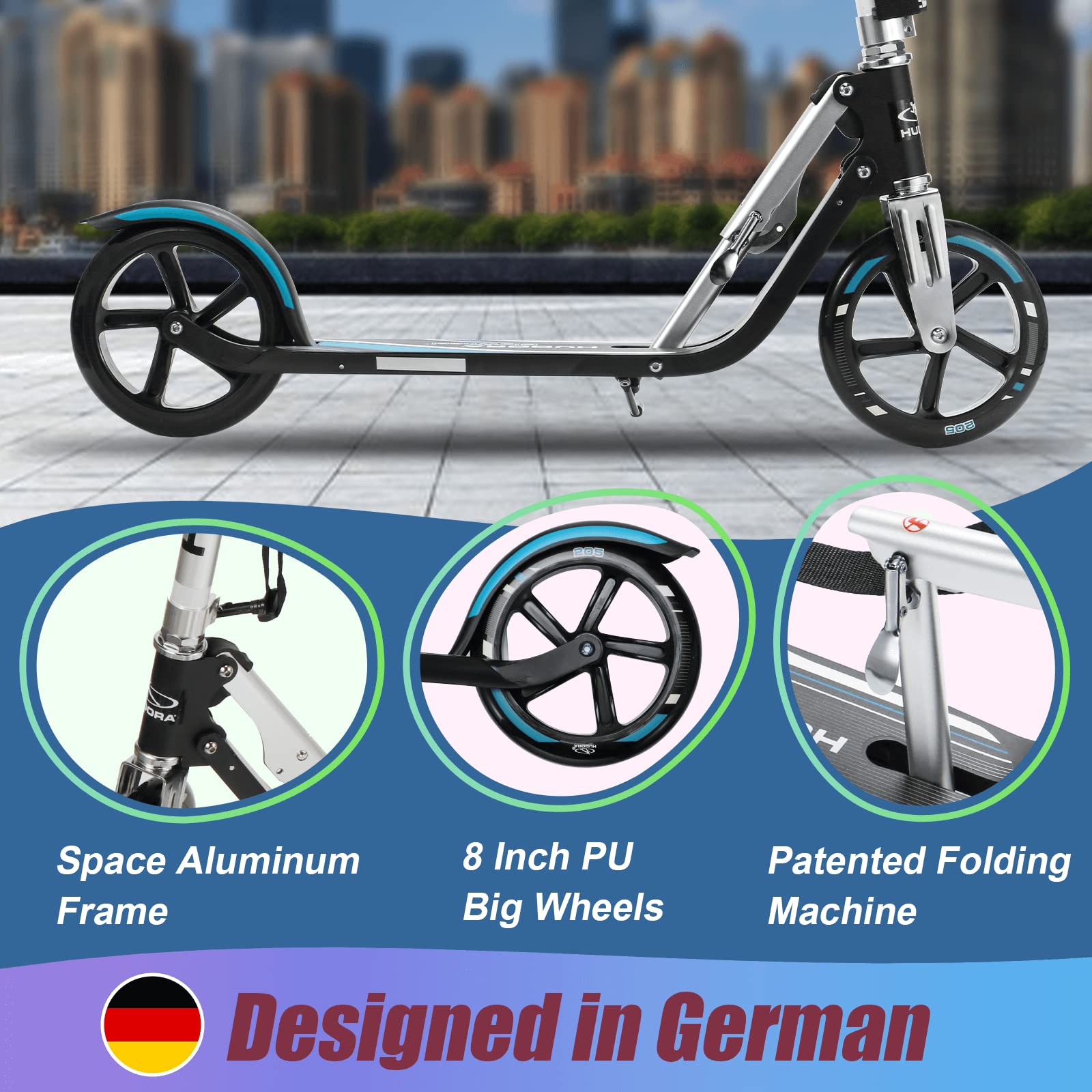 HUDORA Adjustable Height Folding Scooter for Kids, Blue, 8 Inch Big Wheels