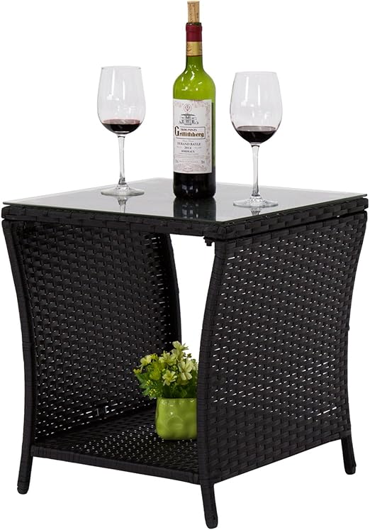 Amazon Com Kinbor Black Outdoor Square Wicker Rattan Side Coffee Table W Glass Top Patio Furniture With Storage Shelf Kitchen Dining