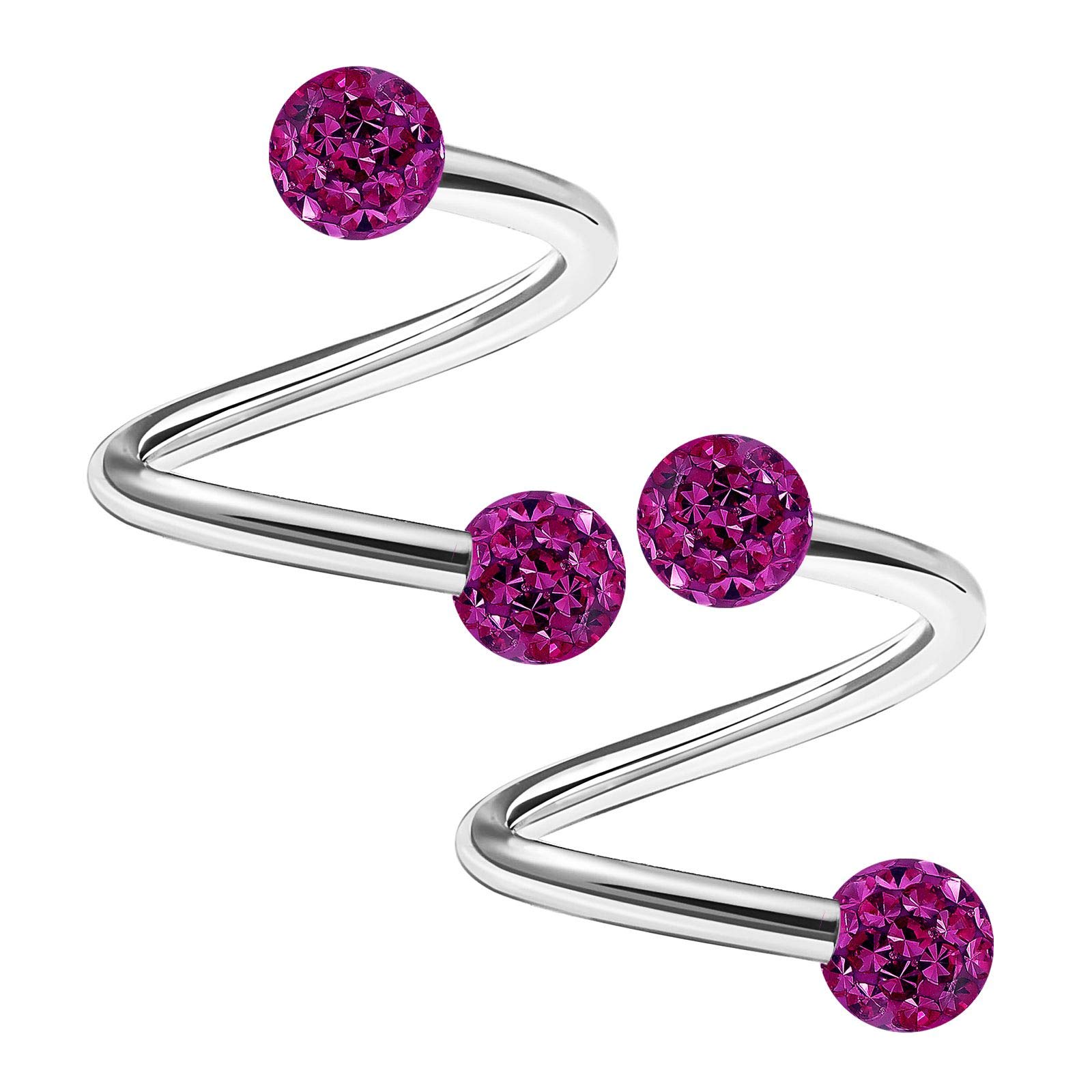KJM FASHION 2pcs Stainless Steel Twisted Barbell 16 Gauge 5/16 8m 3m Crystal Ball Lobe Earrings Labret Piercing Jewellery See More Colours, Metal