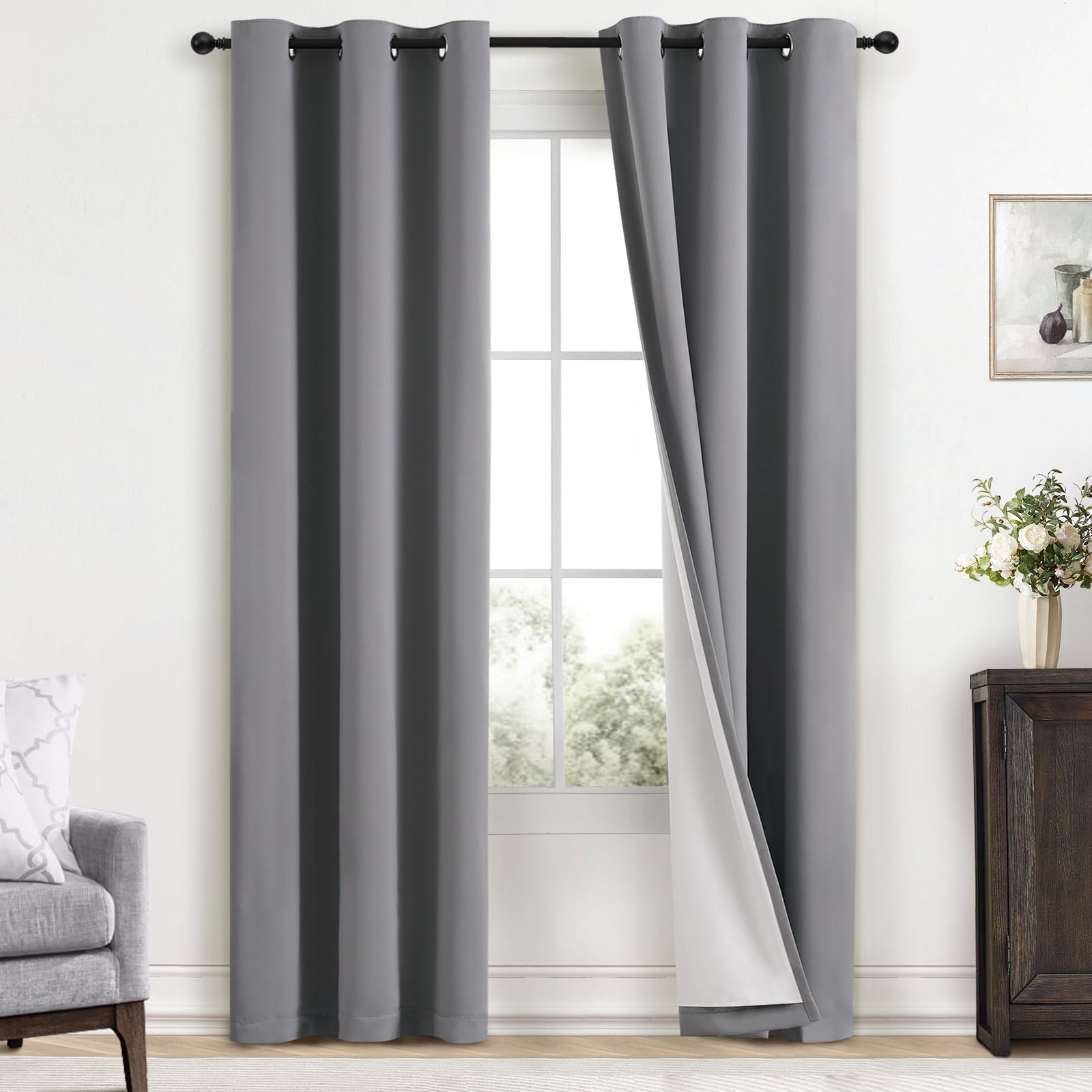Yakamok Grey Room Darkening 100% Blackout Curtains Grommet Window Treatments with 2 Thick Layers-Gray Thermal Insulated Drapes Set of 2 Panels for Bedroom Living Room 38 Inches by 84 Inches Length Image