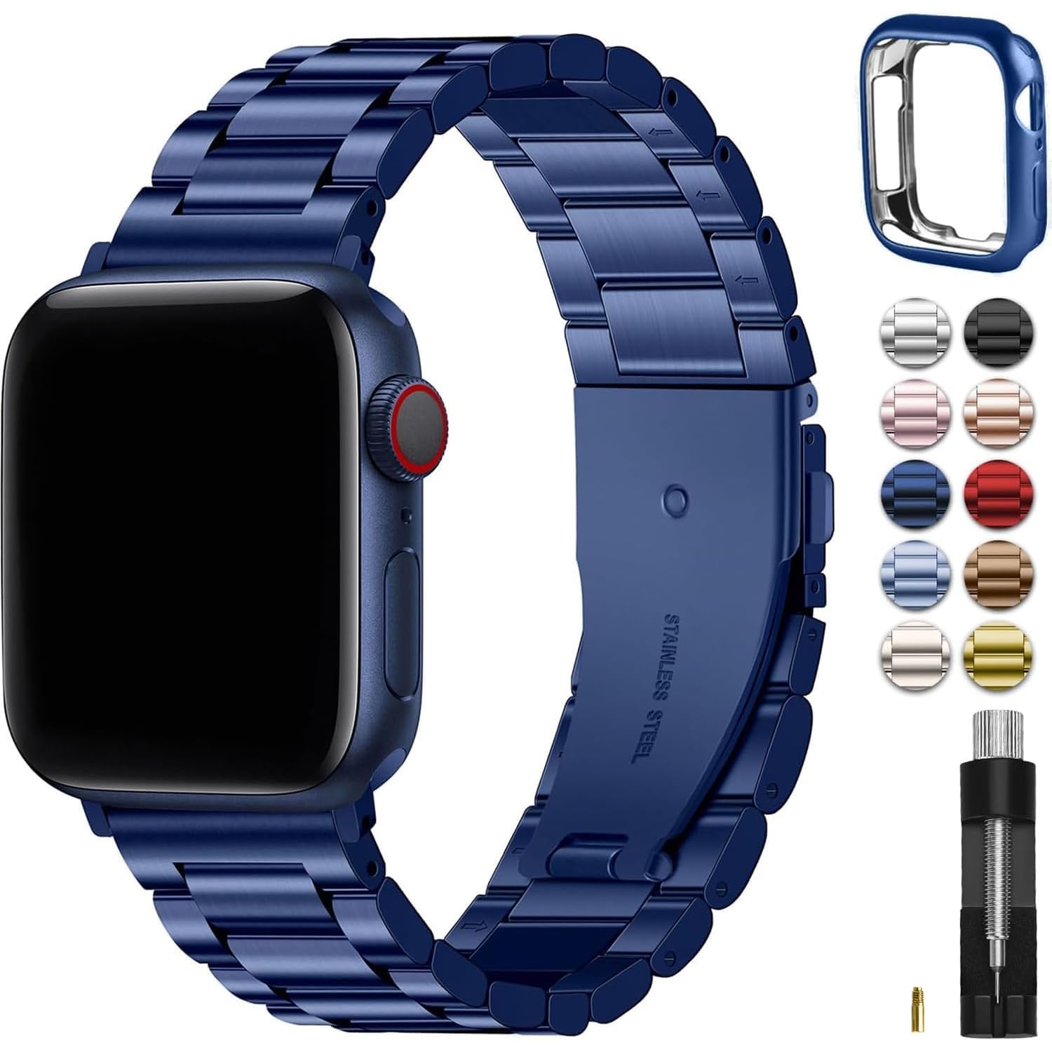 Fullmosa Compatible with Apple Watch Straps 45mm 44mm 42mm, Metal Stainless Steel Replacement Bands for iWatch SE 3 2 1/Series 9/8/7/6/5/4/3/2/1, Blue & Protective Case