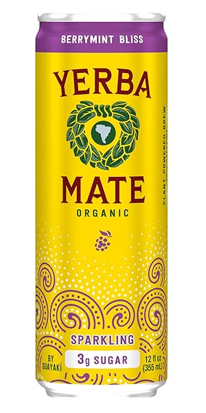 GUAYAKÍ YERBA MATE SPARKLING ORGANIC BERRY MINT BLISS FLAVOR, 12 OZ, 80MG NATURAL CAFFEINE, SMOOTH ENERGY & FOCUS, CARBONATED BEVERAGE