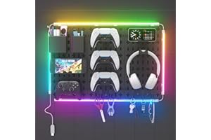 KDD Wall Organizer Peg Board - 7 in 1 Gaming Pegboard Accessories with RGB Led Strip Lights,Pegboard Combination Kit with Phone Stand/Pen Holder/Storage Box/Headset & Controller Holder/Hooks