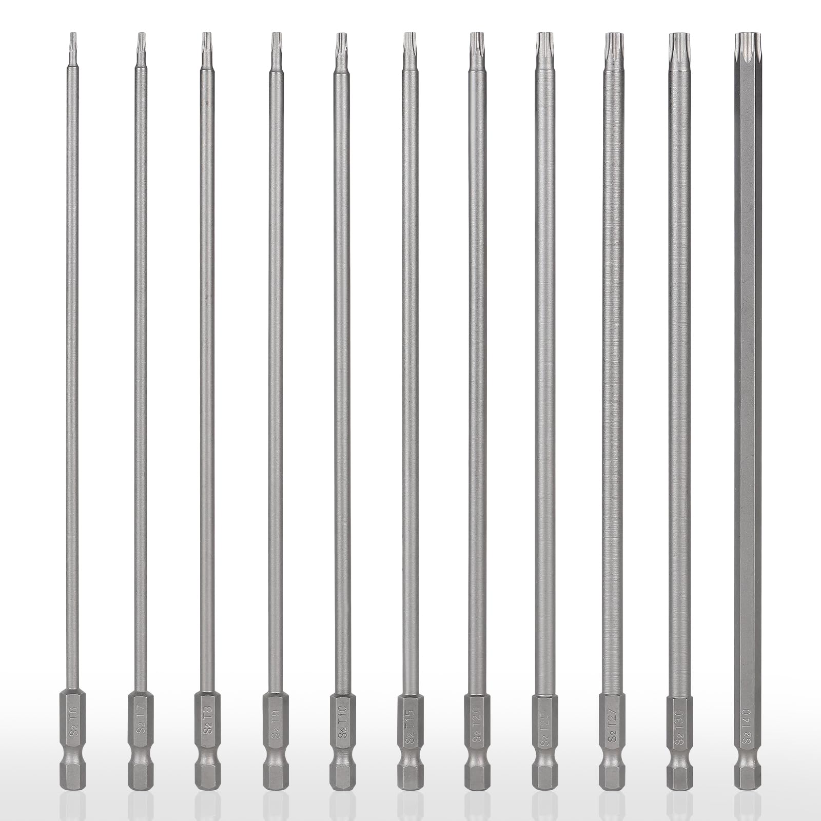 CPROSP 11 x Torx Bit 200 mm Long, Long Torx Bit T6, T7, T8, T9, T10, T15, T20, T25, T27, T30, T40, S2 Steel, Star Head