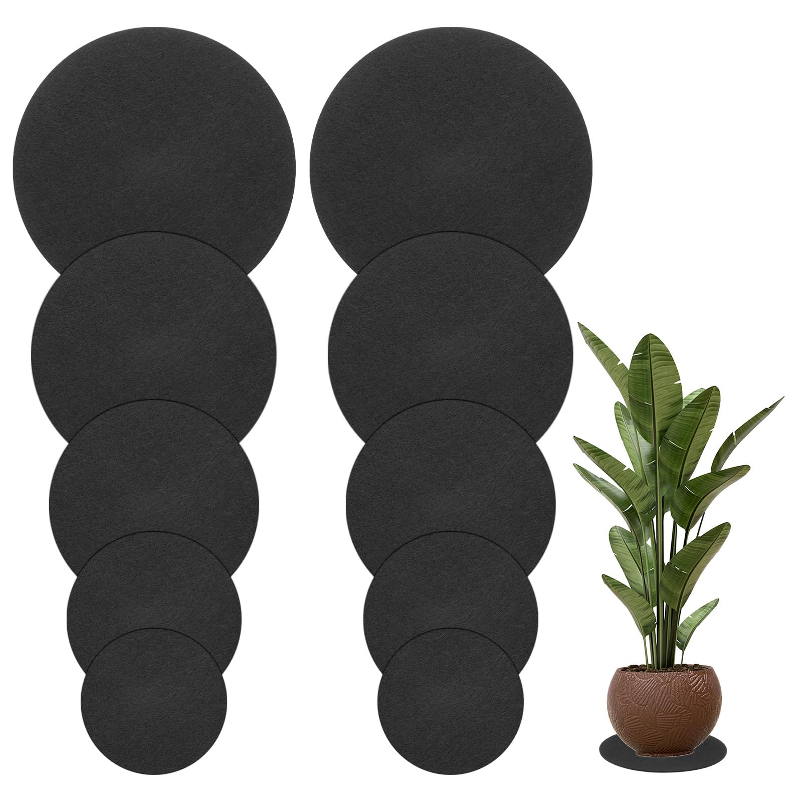 M METERXITY 10-Pack Felt Plant Coasters, 6/8/10/12/14 Inch Round Felt Coasters Plant Mats for House Plants Indoor/Waterproof Felt Pads for Plants/DIY Cork Pads [Black]