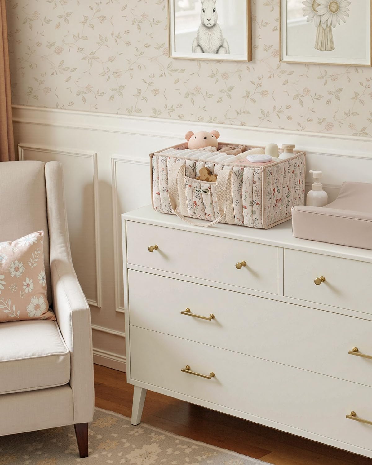 Blissful Diary Floral Diaper Caddy Organizer, Stylish Nursery Storage Basket, Gift for Baby Shower, Newborn Essentials, Floral Beige