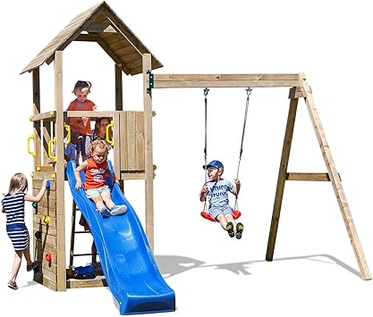 Fungoo Spielturm Carol 2 Premium Kletterturm Garten Mit Holzdach Inkl Bodenanker Schaukel Blaue Rutsche Kletterwand Holz Amazon De Spielzeug