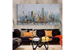 Enartly Abstract Cityscape Canvas Wall Art New York City Painting Modern Skyline Colorful NYC Grey Blue Picture, Large Size Framed for Bedroom Living Room Bathroom Home Office Wall Decor 58"x29"